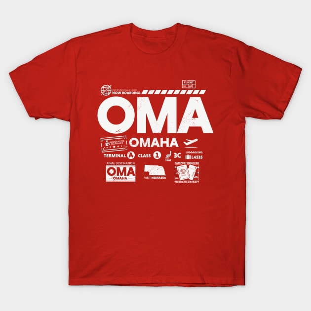 Vintage Omaha OMA Airport Code Travel Day Retro Travel Tag Nebraska T-Shirt by Now Boarding